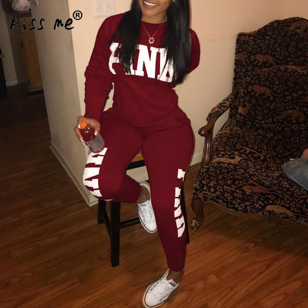 Two Piece Tracksuit PINK Printed Sport Suit  Solid Sexy Sportswear Gym Wear Women Tops Skinny Pants Workout Wear